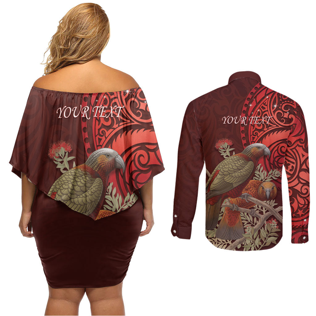 New Zealand Kaka Bird Personalised Couples Matching Off Shoulder Short Dress and Long Sleeve Button Shirt Pohutukawa Matariki Maori Pattern