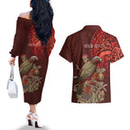 New Zealand Kaka Bird Personalised Couples Matching Off The Shoulder Long Sleeve Dress and Hawaiian Shirt Pohutukawa Matariki Maori Pattern