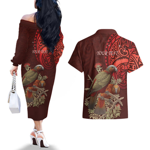 New Zealand Kaka Bird Personalised Couples Matching Off The Shoulder Long Sleeve Dress and Hawaiian Shirt Pohutukawa Matariki Maori Pattern