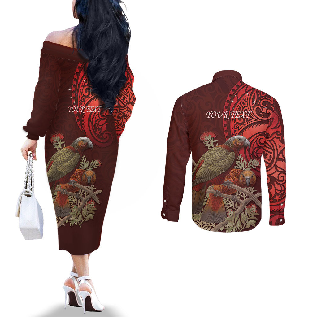 New Zealand Kaka Bird Personalised Couples Matching Off The Shoulder Long Sleeve Dress and Long Sleeve Button Shirt Pohutukawa Matariki Maori Pattern