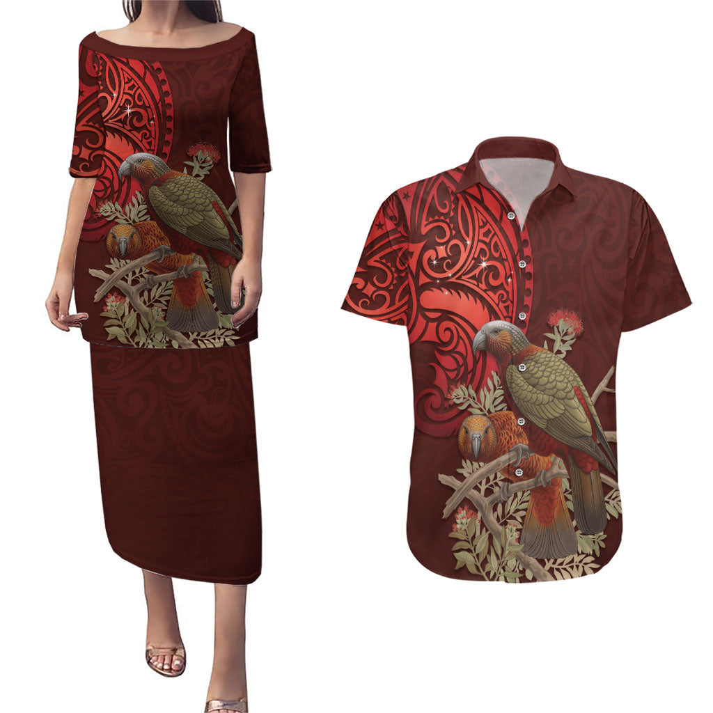 New Zealand Kaka Bird Personalised Couples Matching Puletasi and Hawaiian Shirt Pohutukawa Matariki Maori Pattern