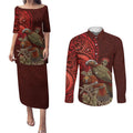 New Zealand Kaka Bird Personalised Couples Matching Puletasi and Long Sleeve Button Shirt Pohutukawa Matariki Maori Pattern