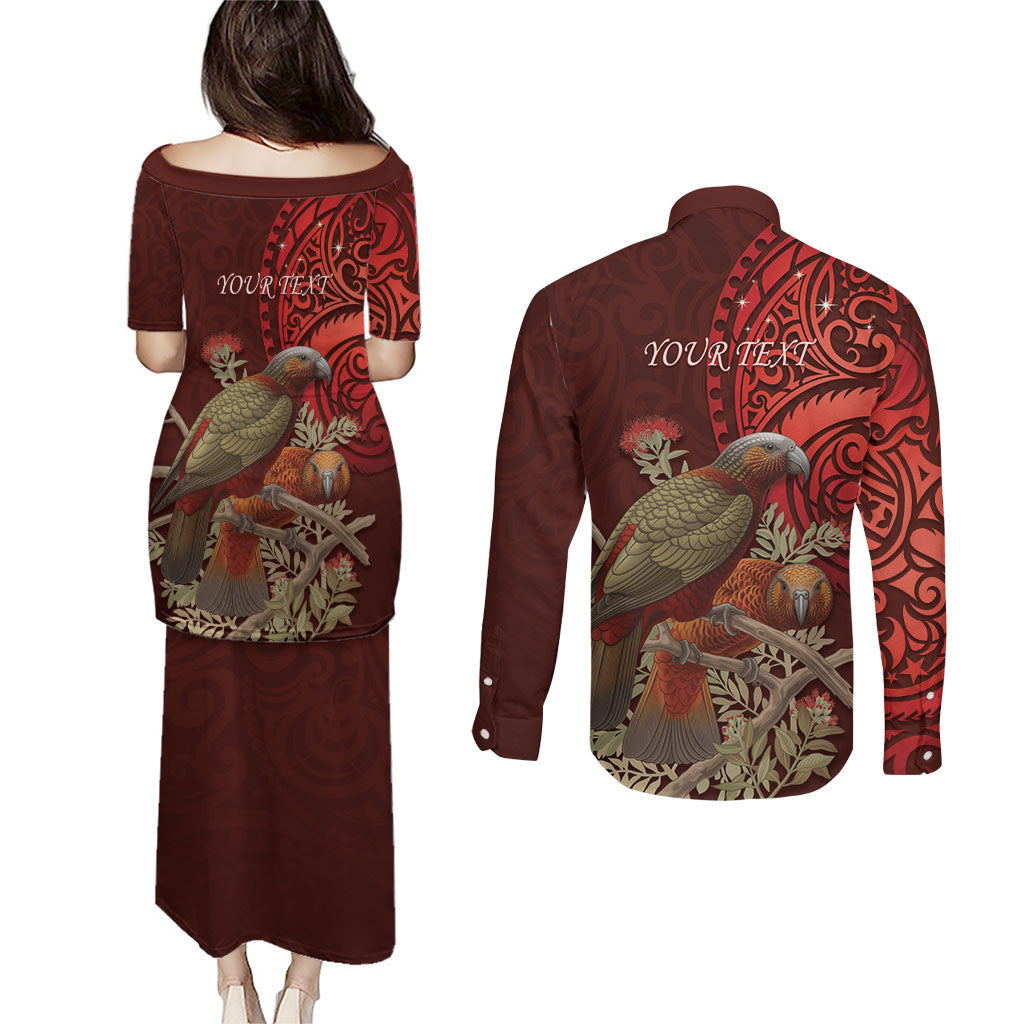 New Zealand Kaka Bird Personalised Couples Matching Puletasi and Long Sleeve Button Shirt Pohutukawa Matariki Maori Pattern