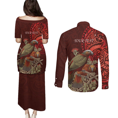 New Zealand Kaka Bird Personalised Couples Matching Puletasi and Long Sleeve Button Shirt Pohutukawa Matariki Maori Pattern