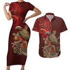 New Zealand Kaka Bird Personalised Couples Matching Short Sleeve Bodycon Dress and Hawaiian Shirt Pohutukawa Matariki Maori Pattern