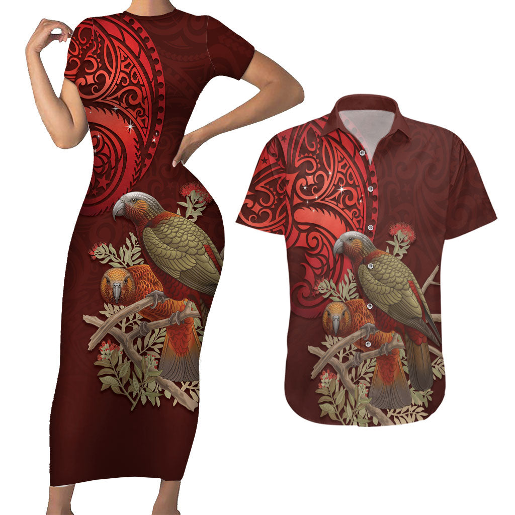 New Zealand Kaka Bird Personalised Couples Matching Short Sleeve Bodycon Dress and Hawaiian Shirt Pohutukawa Matariki Maori Pattern