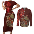 New Zealand Kaka Bird Personalised Couples Matching Short Sleeve Bodycon Dress and Long Sleeve Button Shirt Pohutukawa Matariki Maori Pattern