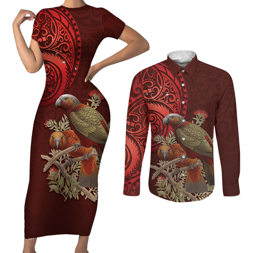 New Zealand Kaka Bird Personalised Couples Matching Short Sleeve Bodycon Dress and Long Sleeve Button Shirt Pohutukawa Matariki Maori Pattern