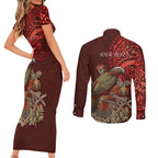 New Zealand Kaka Bird Personalised Couples Matching Short Sleeve Bodycon Dress and Long Sleeve Button Shirt Pohutukawa Matariki Maori Pattern