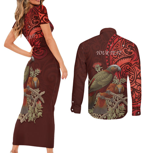 New Zealand Kaka Bird Personalised Couples Matching Short Sleeve Bodycon Dress and Long Sleeve Button Shirt Pohutukawa Matariki Maori Pattern