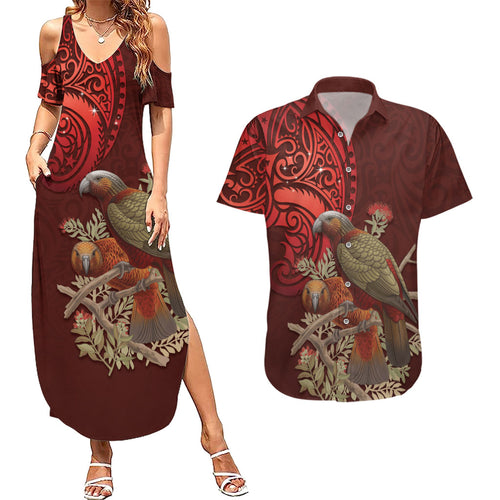 New Zealand Kaka Bird Personalised Couples Matching Summer Maxi Dress and Hawaiian Shirt Pohutukawa Matariki Maori Pattern