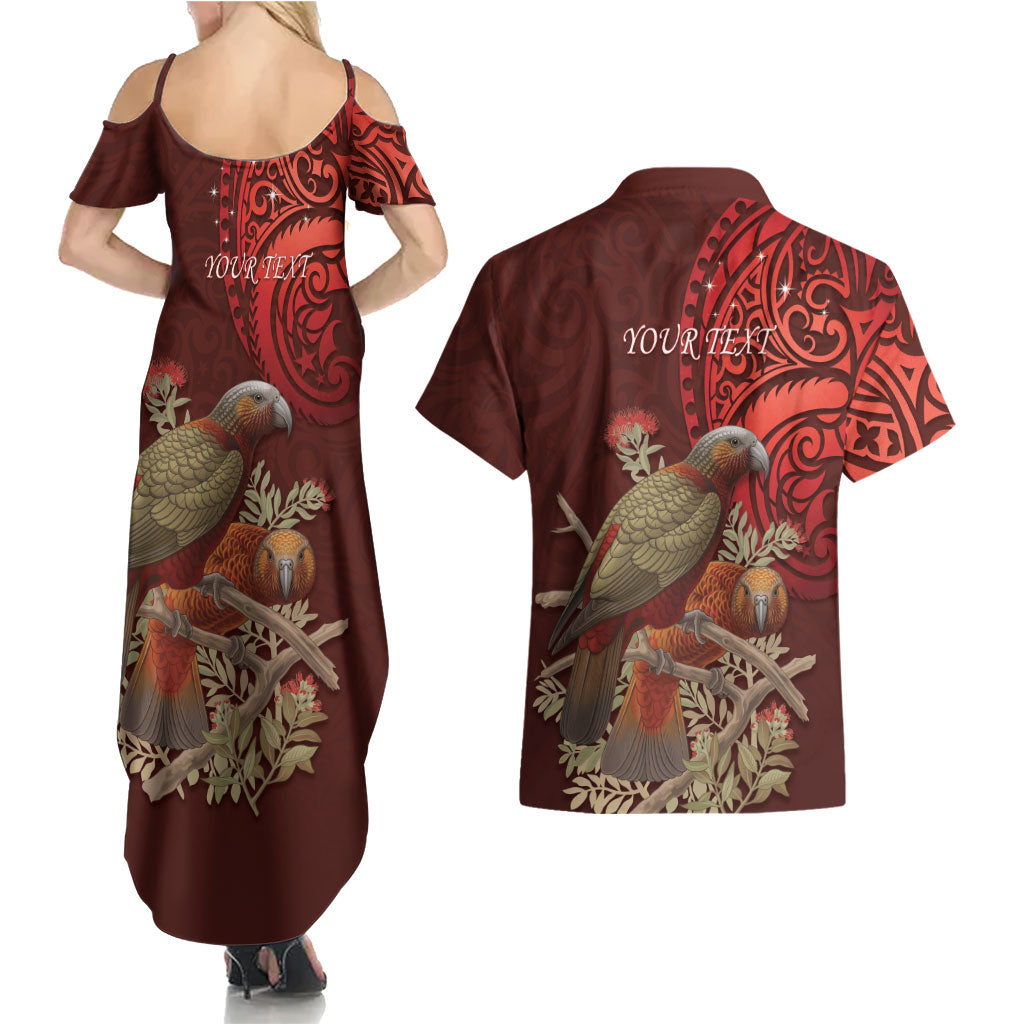New Zealand Kaka Bird Personalised Couples Matching Summer Maxi Dress and Hawaiian Shirt Pohutukawa Matariki Maori Pattern
