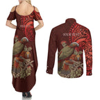 New Zealand Kaka Bird Personalised Couples Matching Summer Maxi Dress and Long Sleeve Button Shirt Pohutukawa Matariki Maori Pattern