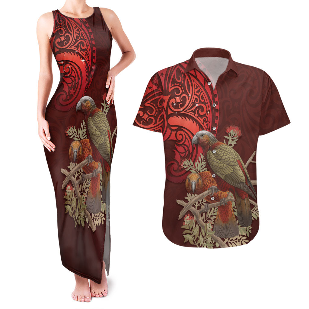 New Zealand Kaka Bird Personalised Couples Matching Tank Maxi Dress and Hawaiian Shirt Pohutukawa Matariki Maori Pattern