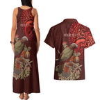 New Zealand Kaka Bird Personalised Couples Matching Tank Maxi Dress and Hawaiian Shirt Pohutukawa Matariki Maori Pattern