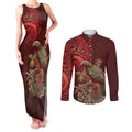 New Zealand Kaka Bird Personalised Couples Matching Tank Maxi Dress and Long Sleeve Button Shirt Pohutukawa Matariki Maori Pattern