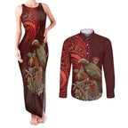 New Zealand Kaka Bird Personalised Couples Matching Tank Maxi Dress and Long Sleeve Button Shirt Pohutukawa Matariki Maori Pattern