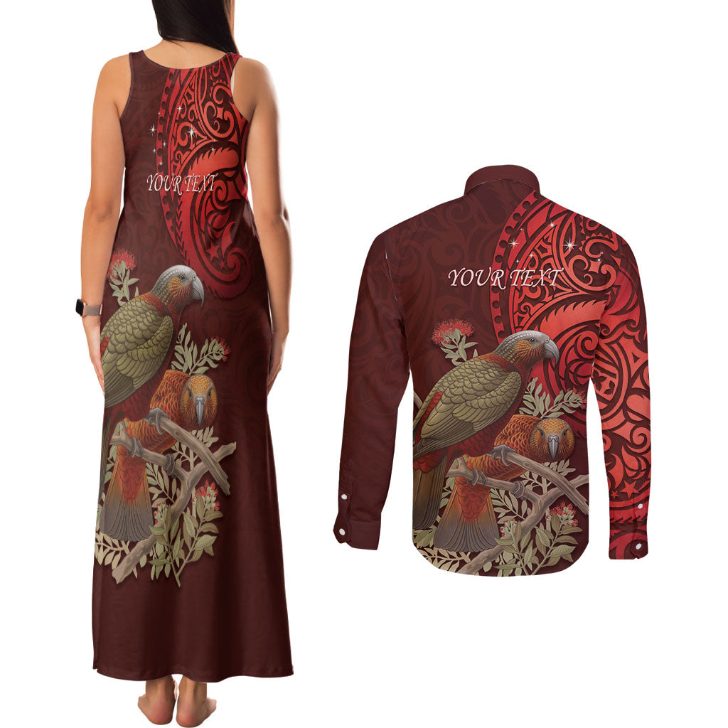New Zealand Kaka Bird Personalised Couples Matching Tank Maxi Dress and Long Sleeve Button Shirt Pohutukawa Matariki Maori Pattern