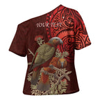 New Zealand Kaka Bird Personalised Cross Shoulder Shirt Pohutukawa Matariki Maori Pattern