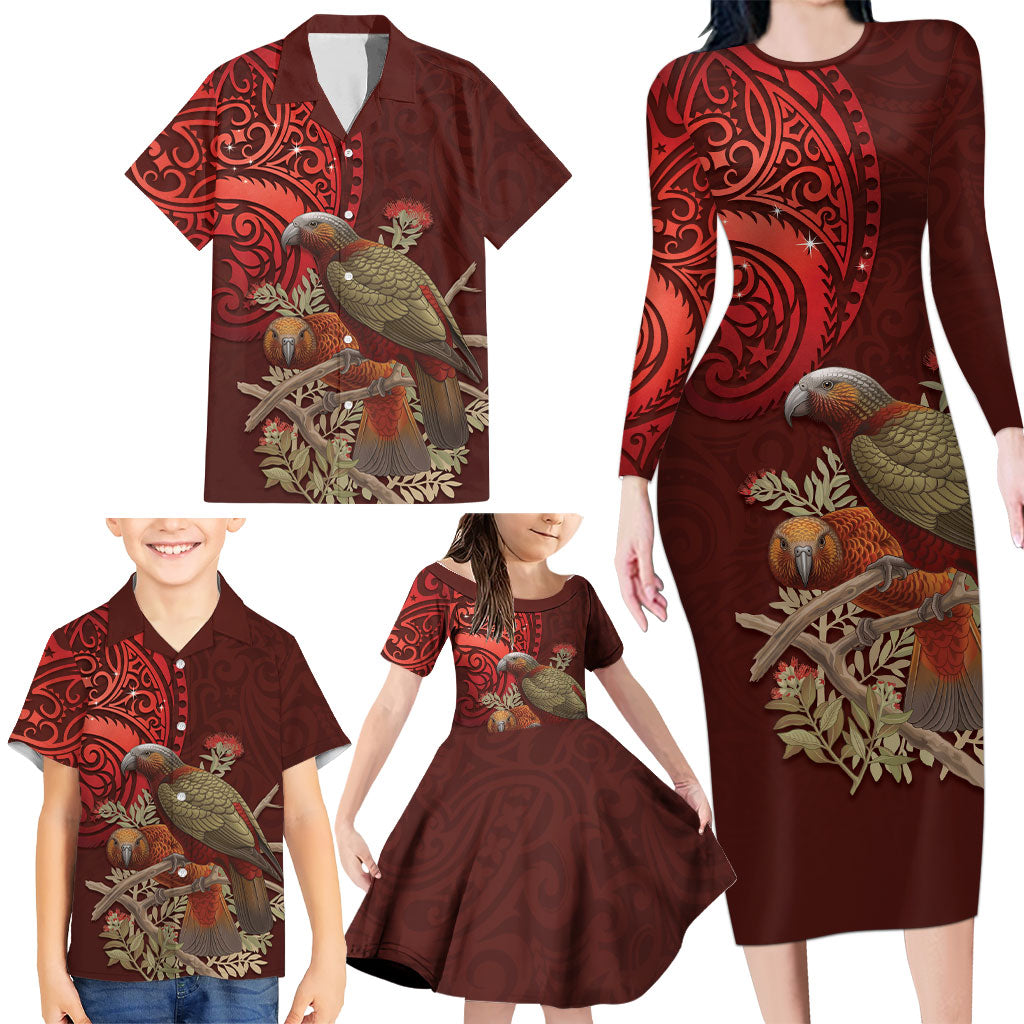 New Zealand Kaka Bird Personalised Family Matching Long Sleeve Bodycon Dress and Hawaiian Shirt Pohutukawa Matariki Maori Pattern