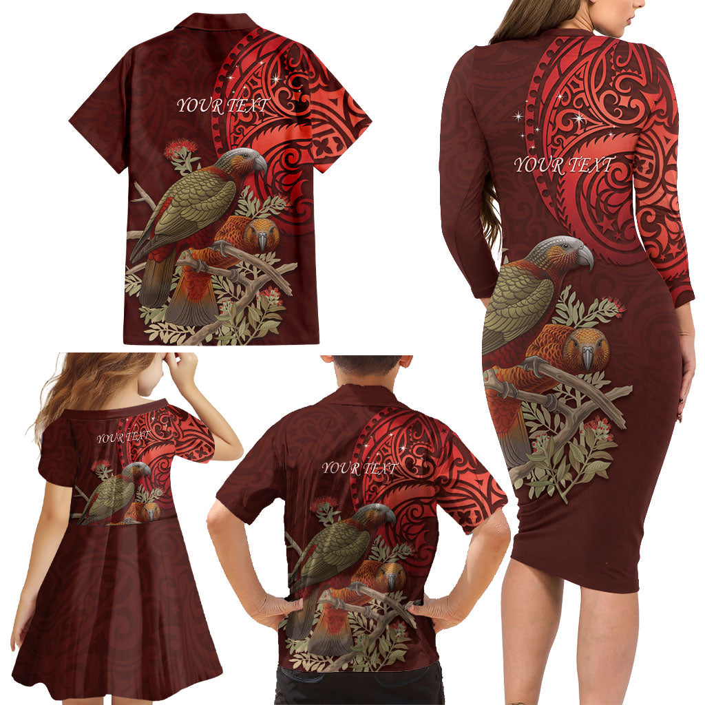 New Zealand Kaka Bird Personalised Family Matching Long Sleeve Bodycon Dress and Hawaiian Shirt Pohutukawa Matariki Maori Pattern