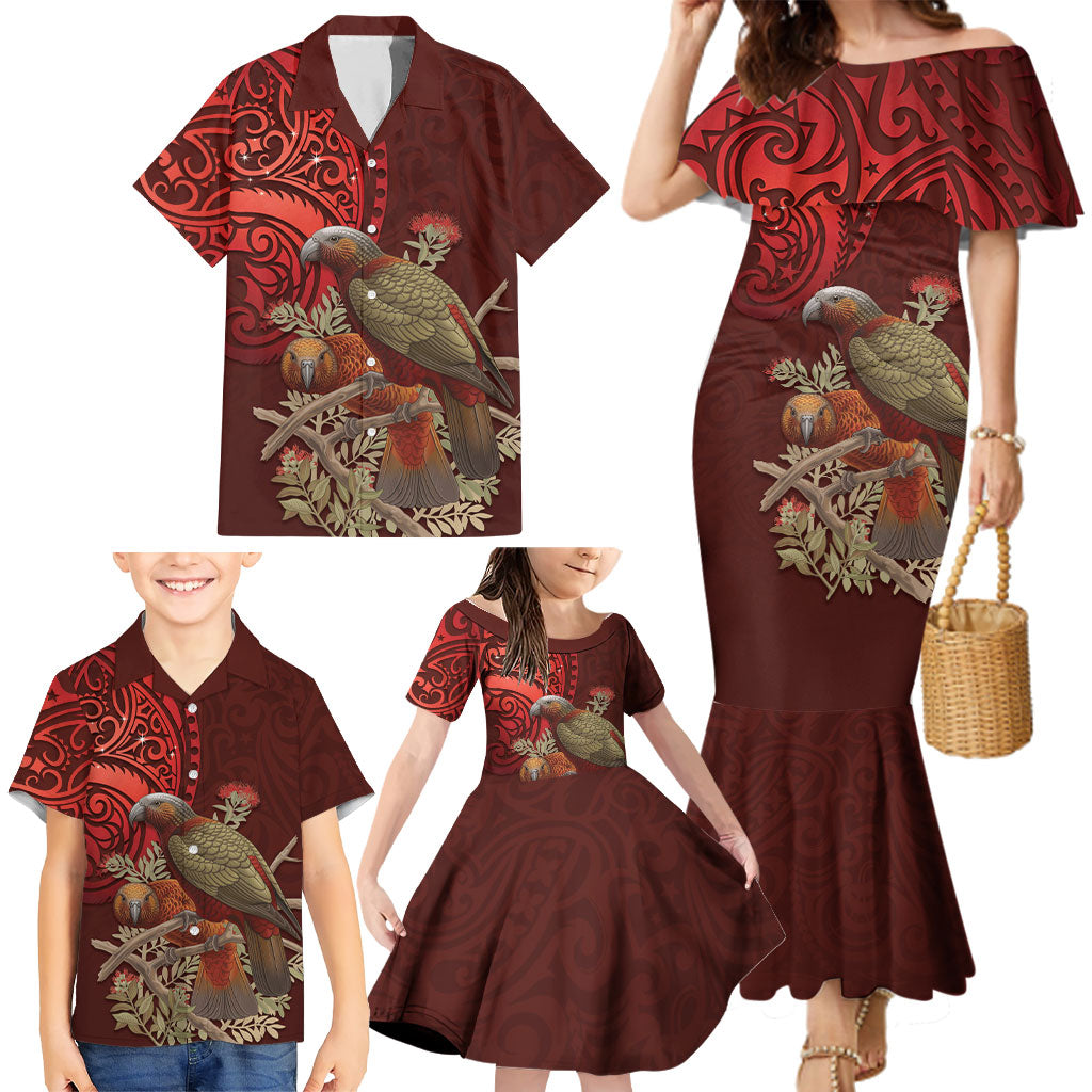 New Zealand Kaka Bird Personalised Family Matching Mermaid Dress and Hawaiian Shirt Pohutukawa Matariki Maori Pattern