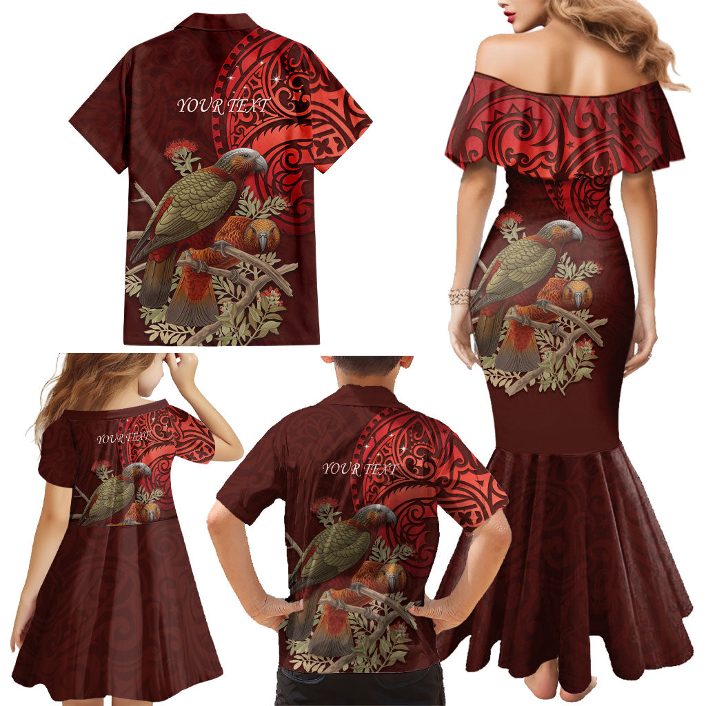 New Zealand Kaka Bird Personalised Family Matching Mermaid Dress and Hawaiian Shirt Pohutukawa Matariki Maori Pattern