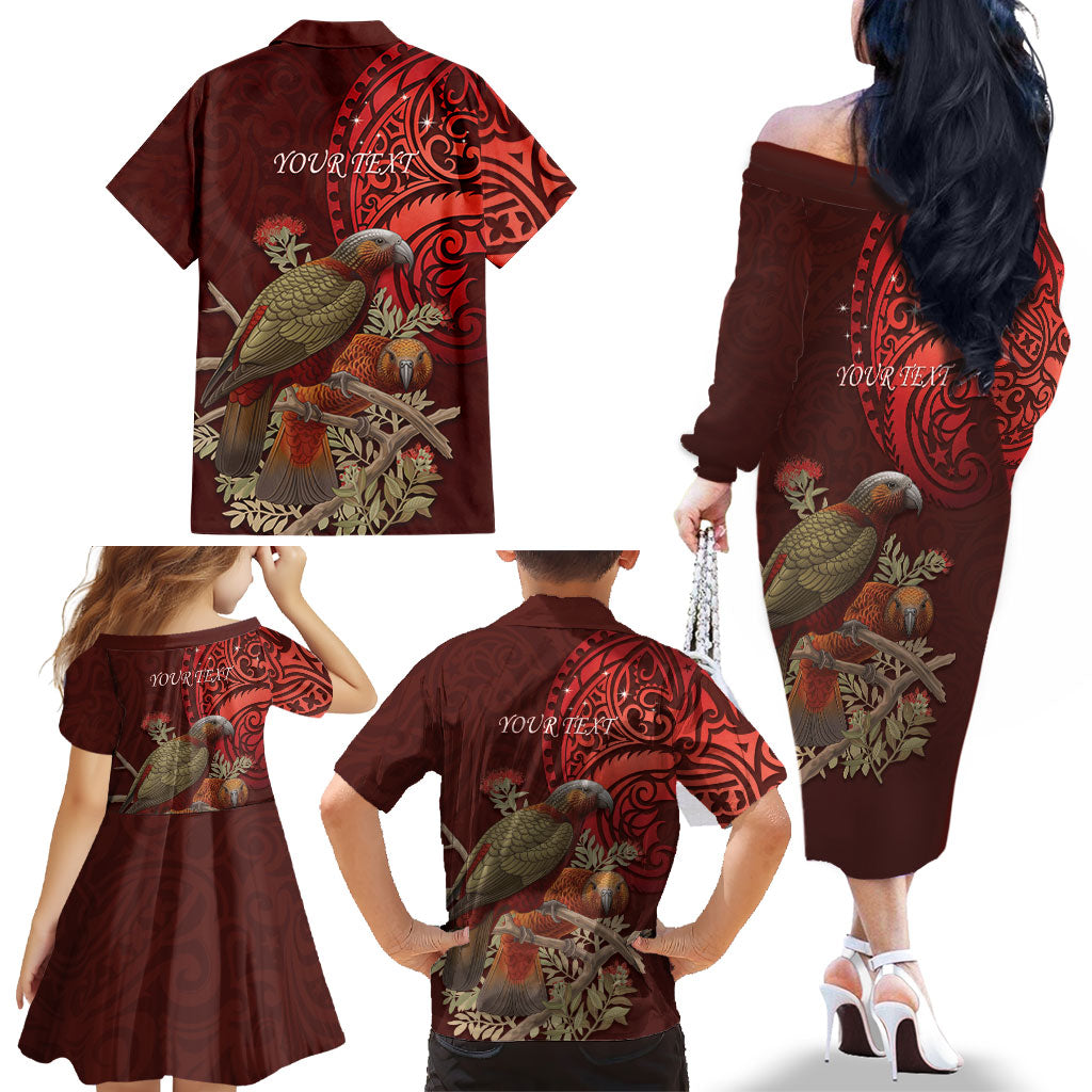 New Zealand Kaka Bird Personalised Family Matching Off The Shoulder Long Sleeve Dress and Hawaiian Shirt Pohutukawa Matariki Maori Pattern
