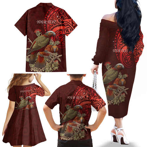 New Zealand Kaka Bird Personalised Family Matching Off The Shoulder Long Sleeve Dress and Hawaiian Shirt Pohutukawa Matariki Maori Pattern