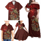 New Zealand Kaka Bird Personalised Family Matching Off Shoulder Maxi Dress and Hawaiian Shirt Pohutukawa Matariki Maori Pattern