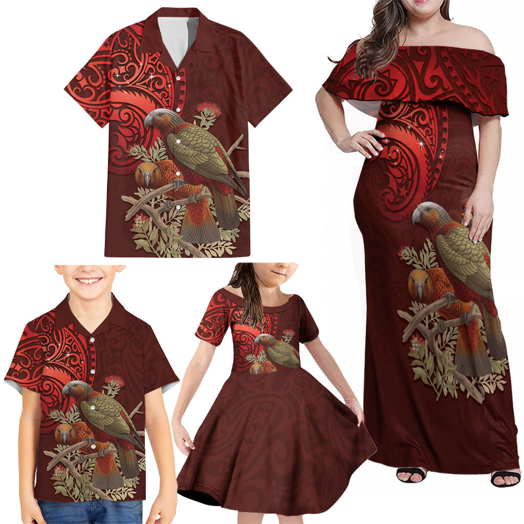 New Zealand Kaka Bird Personalised Family Matching Off Shoulder Maxi Dress and Hawaiian Shirt Pohutukawa Matariki Maori Pattern
