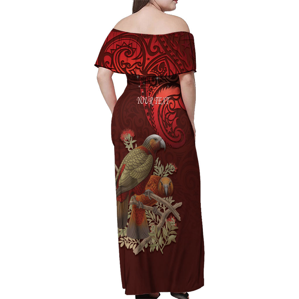 New Zealand Kaka Bird Personalised Family Matching Off Shoulder Maxi Dress and Hawaiian Shirt Pohutukawa Matariki Maori Pattern