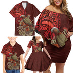 New Zealand Kaka Bird Personalised Family Matching Off Shoulder Short Dress and Hawaiian Shirt Pohutukawa Matariki Maori Pattern