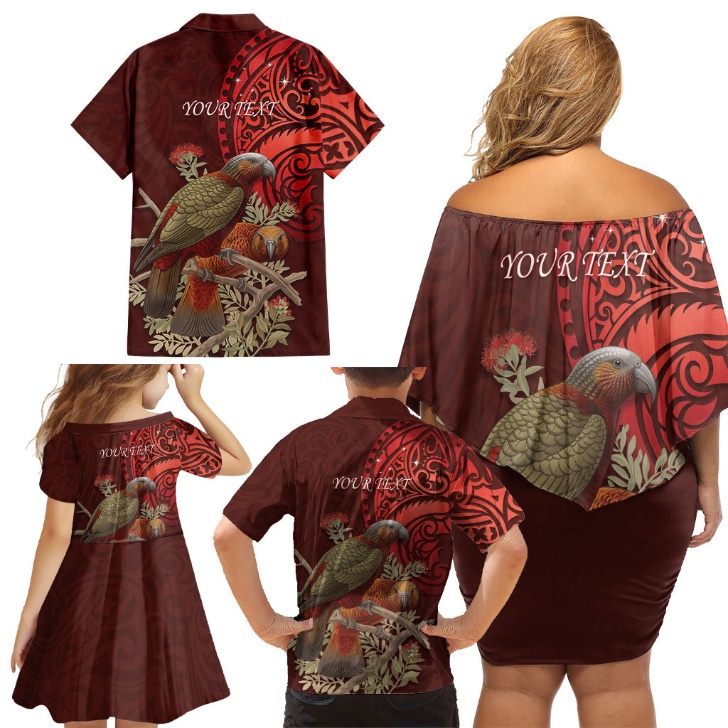 New Zealand Kaka Bird Personalised Family Matching Off Shoulder Short Dress and Hawaiian Shirt Pohutukawa Matariki Maori Pattern
