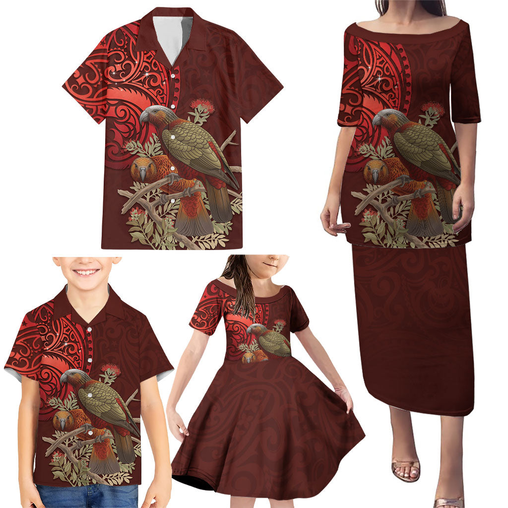 New Zealand Kaka Bird Personalised Family Matching Puletasi and Hawaiian Shirt Pohutukawa Matariki Maori Pattern
