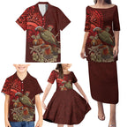 New Zealand Kaka Bird Personalised Family Matching Puletasi and Hawaiian Shirt Pohutukawa Matariki Maori Pattern