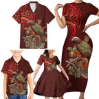 New Zealand Kaka Bird Personalised Family Matching Short Sleeve Bodycon Dress and Hawaiian Shirt Pohutukawa Matariki Maori Pattern