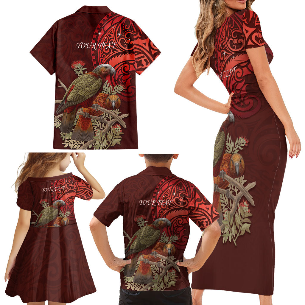 New Zealand Kaka Bird Personalised Family Matching Short Sleeve Bodycon Dress and Hawaiian Shirt Pohutukawa Matariki Maori Pattern