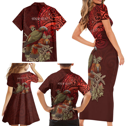 New Zealand Kaka Bird Personalised Family Matching Short Sleeve Bodycon Dress and Hawaiian Shirt Pohutukawa Matariki Maori Pattern