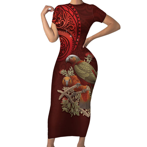 New Zealand Kaka Bird Personalised Family Matching Short Sleeve Bodycon Dress and Hawaiian Shirt Pohutukawa Matariki Maori Pattern