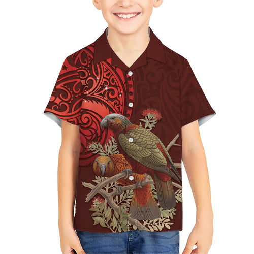 New Zealand Kaka Bird Personalised Family Matching Short Sleeve Bodycon Dress and Hawaiian Shirt Pohutukawa Matariki Maori Pattern