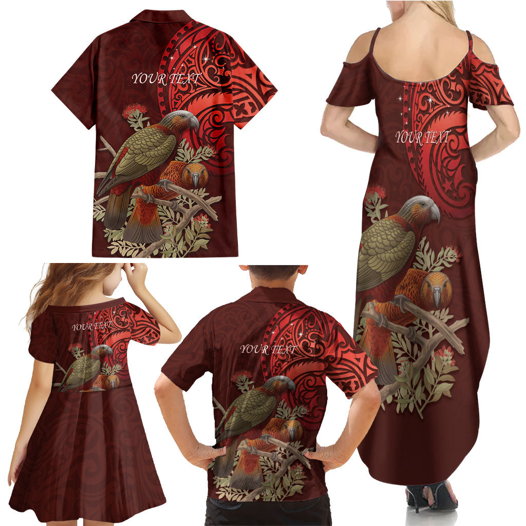 New Zealand Kaka Bird Personalised Family Matching Summer Maxi Dress and Hawaiian Shirt Pohutukawa Matariki Maori Pattern