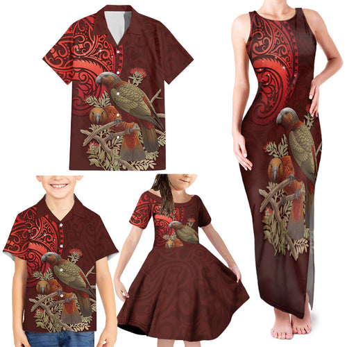 New Zealand Kaka Bird Personalised Family Matching Tank Maxi Dress and Hawaiian Shirt Pohutukawa Matariki Maori Pattern