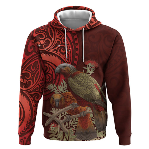 New Zealand Kaka Bird Personalised Hoodie Pohutukawa Matariki Maori Pattern