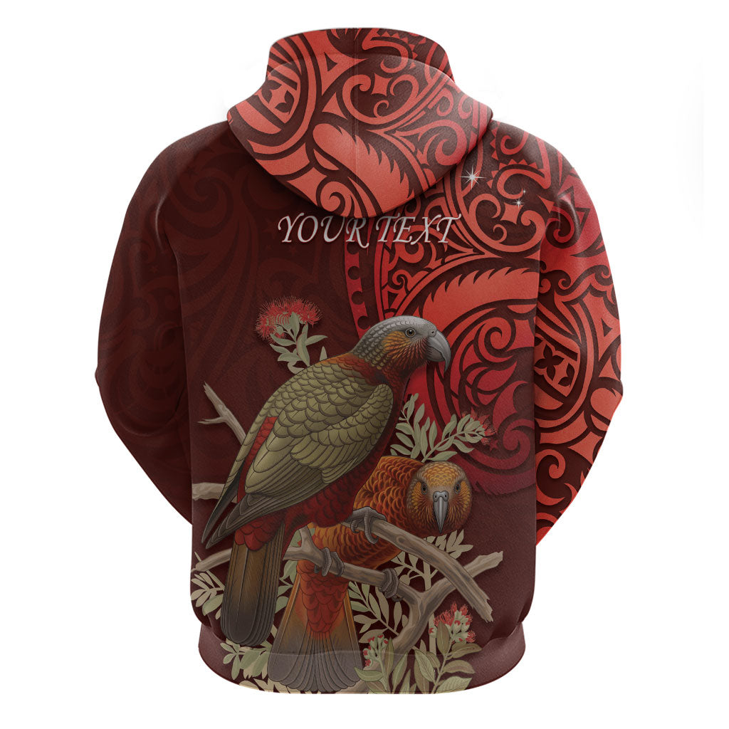 New Zealand Kaka Bird Personalised Hoodie Pohutukawa Matariki Maori Pattern