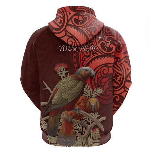 New Zealand Kaka Bird Personalised Hoodie Pohutukawa Matariki Maori Pattern