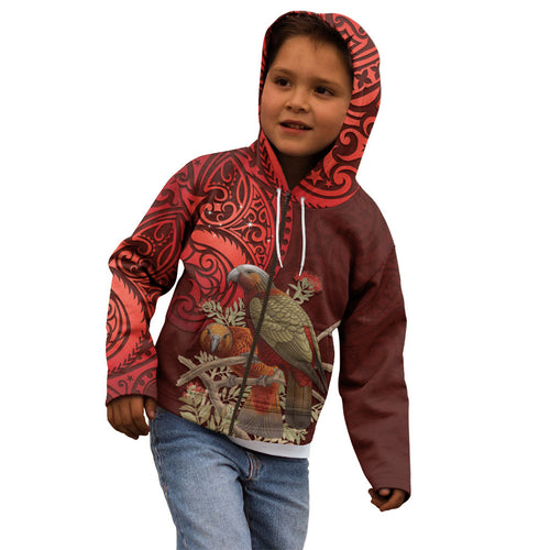 New Zealand Kaka Bird Personalised Kid Hoodie Pohutukawa Matariki Maori Pattern