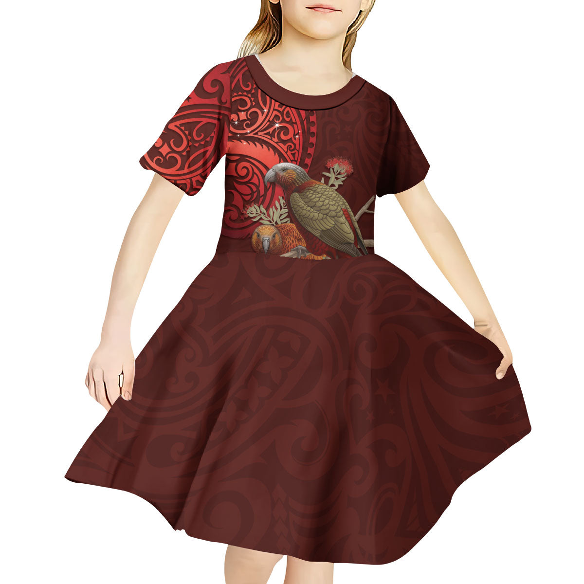New Zealand Kaka Bird Personalised Kid Short Sleeve Dress Pohutukawa Matariki Maori Pattern