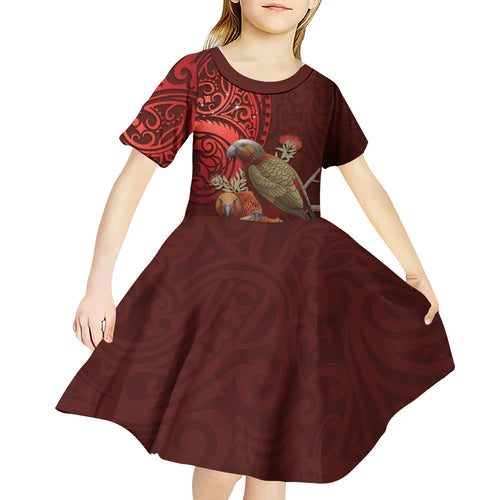 New Zealand Kaka Bird Personalised Kid Short Sleeve Dress Pohutukawa Matariki Maori Pattern
