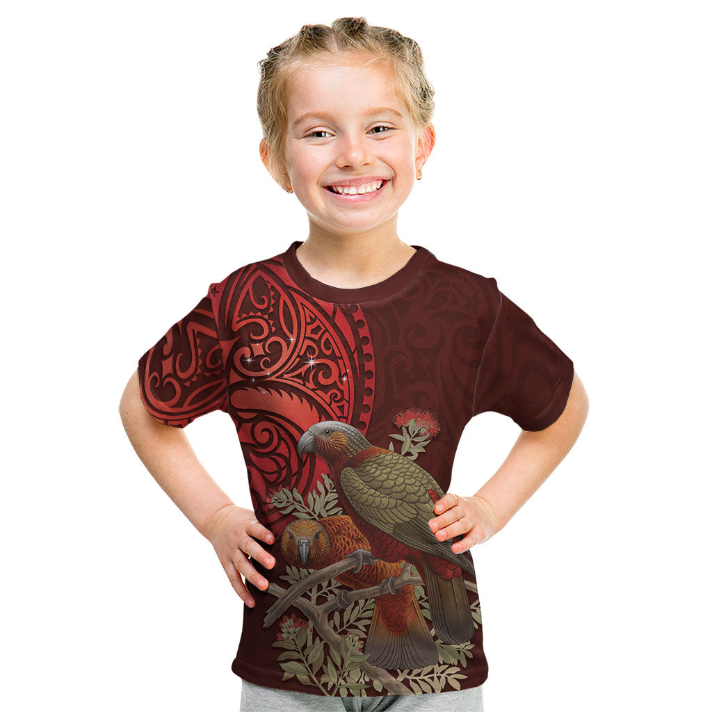 New Zealand Kaka Bird Personalised Kid T Shirt Pohutukawa Matariki Maori Pattern